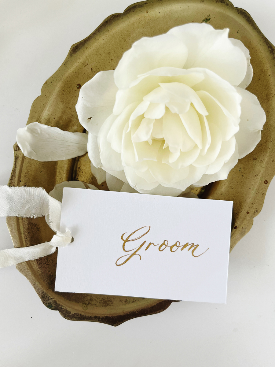 White Silk Ribbons Calligraphy Place Cards CU