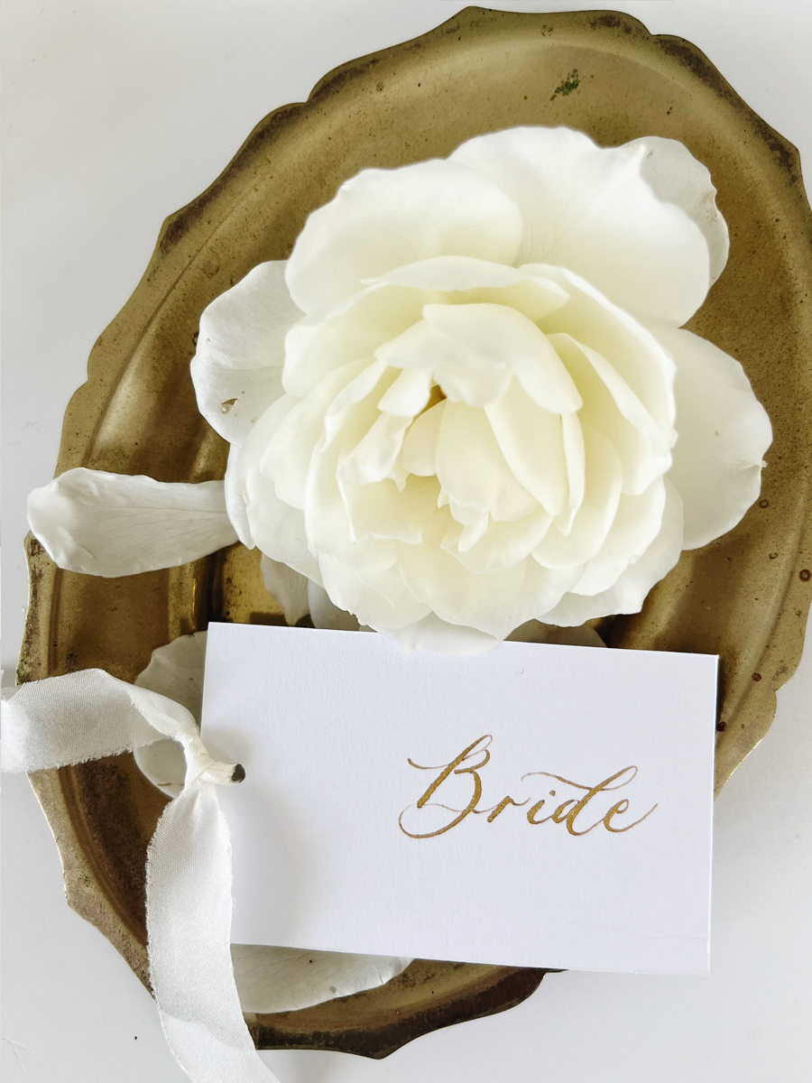 White Silk Ribbons Calligraphy Place Cards CU1