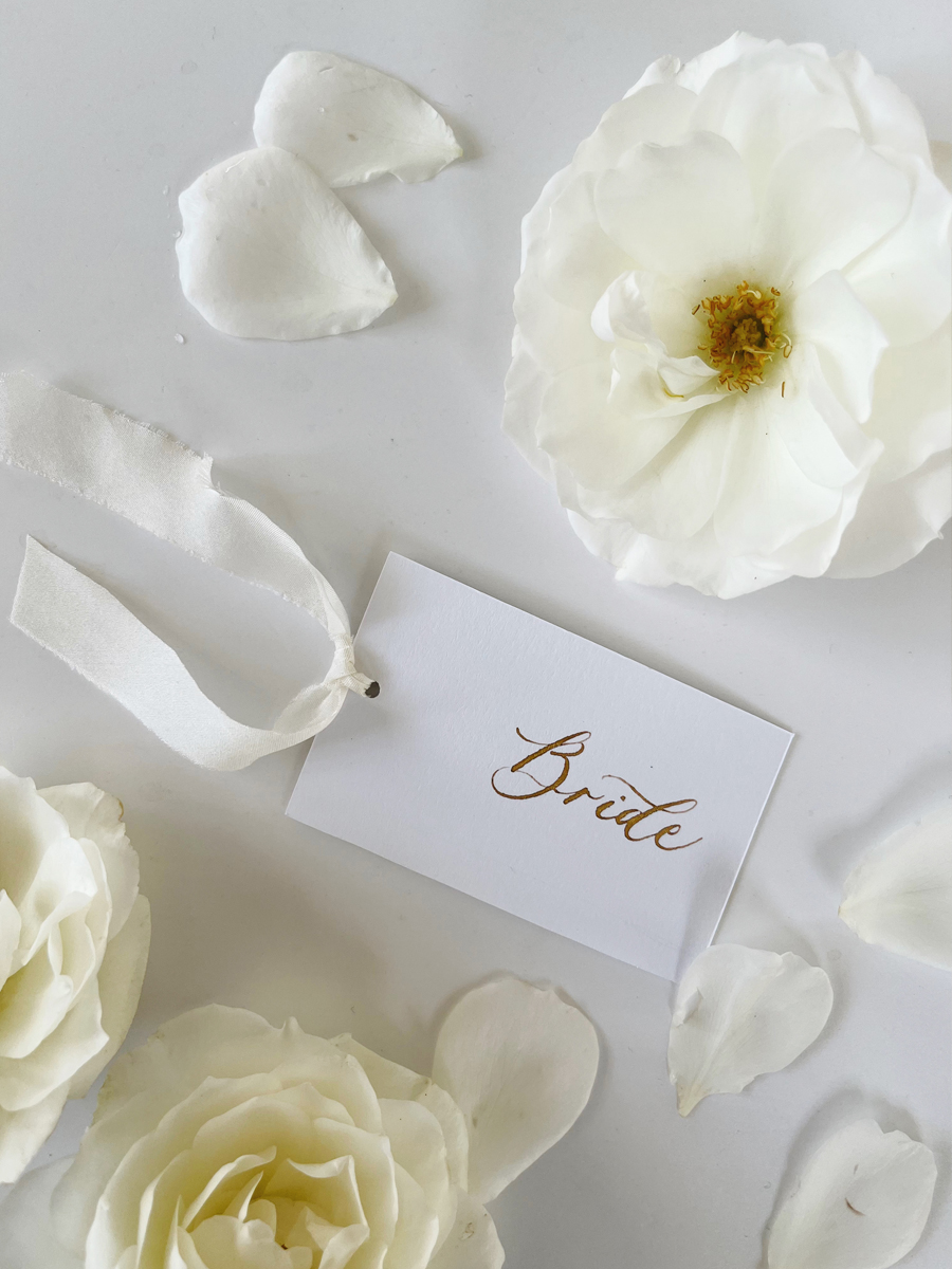 White Silk Ribbons Calligraphy Place Cards CU2