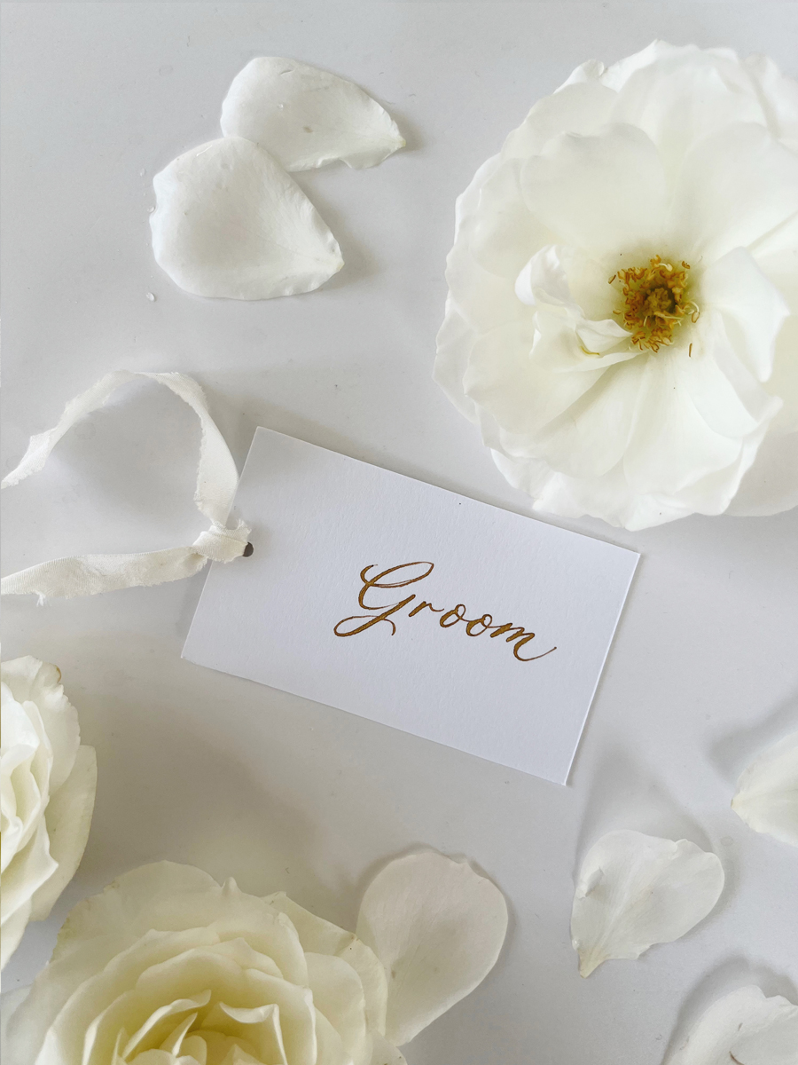 White Silk Ribbons Calligraphy Place Cards CU4