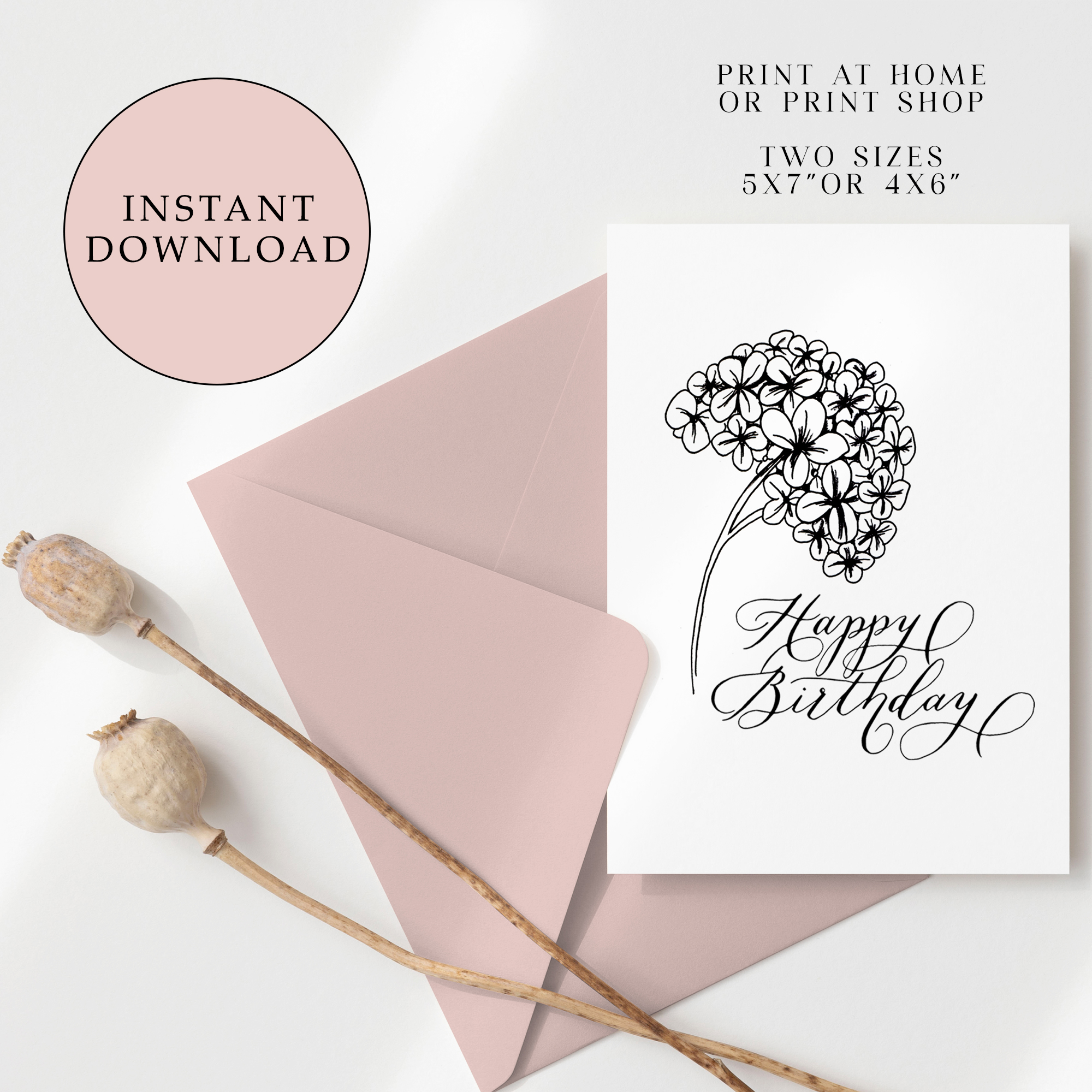 Instant Digital Download - Hydrangea Birthday Card (2)