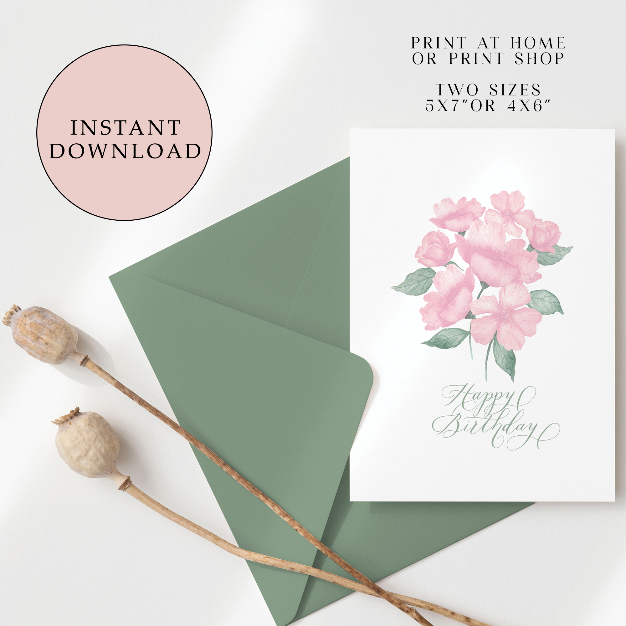 Instant Digital Download - Wild Roses Birthday Card