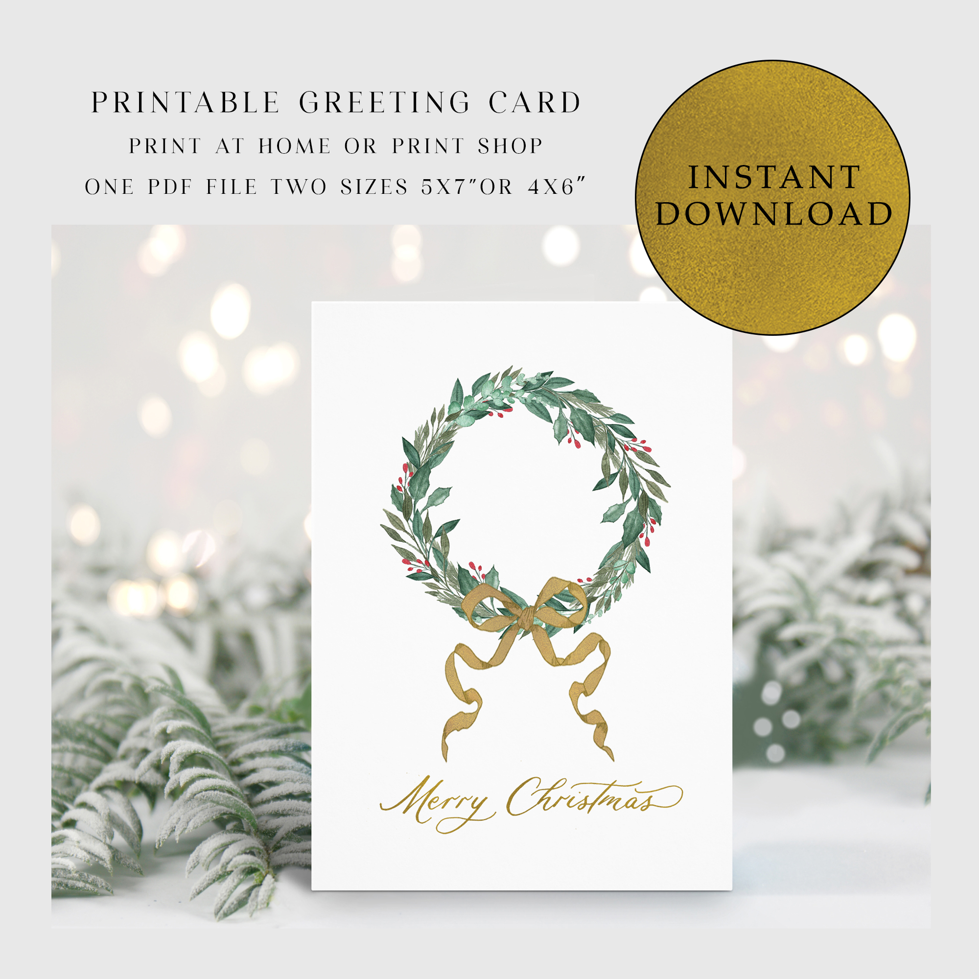 Instant Digital Download - Wreath & Ribbon Christmas Card